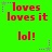 Green background with red pixelated text 'loves loves it' and 'lol!' repeated in a , surrounded by purple and gray star-shaped pixel decorations