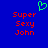 Blue background with red pixelated text 'Super Sexy John' on both sides and a green heart symbol above center.