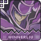 Pixelated anime-style character in purple hooded cloak with white accents, smiling, displayed on a gray background with a zigzag border and text below.