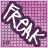 16 identical purple pixelated each displaying the word 'FREAK' in stylized white letters with a dark outline, where individual letter colors shift across frames