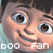 four identical cartoon character faces with wide eyes and smiling mouths, each paired with 'boo' and 'fan' text in different colors