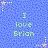 Pixelated blue background with scattered purple and green squares, featuring centered yellow-green text reading 'I love Brion' flanked by orange starbursts and yellow dots.