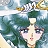 Pixelated anime-style character with dark green hair, blue eyes, and pink lips against a blurred background of blue and white tones.