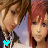 Two anime-style characters with brown and red hair, one wearing a white top with black stripes, the other in light blue; heart symbol changes from cyan to white.