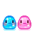 Pixelated blue and pink blob characters with varying expressions, some showing tears or smiles, arranged in on a gray background