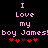 Pixelated text reads "I Love my boy James!" with red hearts below, displayed in two identical side-by-side frames on a black background.