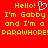 Red background with yellow pixelated text reading "Hello! I'm Gabby and I'm a PARAWHORE!" alongside a white heart symbol.
