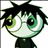 Pixelated cartoon character with spiky black hair, large green eyes, and a dark shirt; two versions show different head positions.