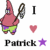 Pixelated cartoon icon featuring a pink starfish character holding a tennis racket with text "I ❤️ Patrick" and a purple star symbol below the name.