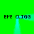 Green background with cyan rectangular frame and four instances of 'EM! CLIGG' text in black pixelated font.