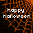 Pixelated orange spiderweb background with white text reading 'happy halloween' in two lines, displayed across four