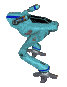 A light blue bipedal robot with black and orange details performs a walking animation across three of each
