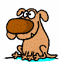 Brown cartoon dog with large brown nose sits on blue base, eyes wide and mouth closed in first ; second same pose; third rightmost dog opens mouth to reveal pink tongue and black interior; fourth all dogs open mouths
