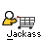 Animated contact sheet of a yellow stick figure pushing a shopping cart across multiple frames, with text "Jackass" beneath each frame and occasional green tree elements appearing in later frames.
