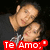 Two people in close pose with red text overlay; left side shows 'Te Amo' with a heart, right side shows '9/24/09' with a heart.