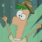 Animated cartoon character with large eyes and a green headband, wearing a beige shirt against a teal background.