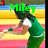 Animated sequence of a person in green outfit with white sleeves performing a motion against striped background, text labels change from 'Miley' to 'vs.' to 'Emily'.