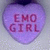 A heart-shaped icon with a purple gradient background displays the text 'EMO GIRL' in bold, pixelated letters.