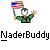Pixelated static icon of a cartoon figure holding an American flag above text reading "NaderBuddy" on gray background.