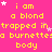 A static image with a bright pink background displays repeated yellow text reading "i am a blond trapped in a burnettea body" alongside small white and pink star shapes.