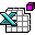 Animated sequence showing a document icon with blue and cyan elements transforming across frames, featuring patterns, X symbols, and scattered pink squares