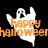 Pixelated ghost icon with orange text 'happy halloween' on black background, showing three color variations of the same design.