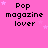 Pink background with repeated 'Pop magazine lover' text and scattered pink stars, one gray rectangle in bottom-right corner.