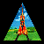 Pixelated triangular icon shows a figure in red and orange attire standing on green terrain beneath a blue sky with white clouds.
