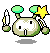 Pixel art character with green antennae and white eyes, holding a yellow star and candle in four variations showing different poses.