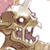Pixelated static image of a cartoonish monster head with exaggerated features and open mouth showing teeth, set against a white background with partial pink area on left edge.