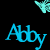 A black background features repeated cyan text 'Abby' and light blue butterflies in a static arrangement with no visible motion changes.