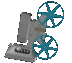 Animated sequence of a gray film projector with blue reels rotating, showing multiple views including side and front angles.