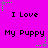 A static image with a bright pink background displays repeated text "I Love My Puppy" in black pixelated font, surrounded by green and gray star-shaped pixel clusters.