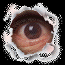 A pixelated eye icon with torn paper edges appears in three states: open, partially closed, and fully closed against a black background.