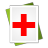 A white rectangular document with a red cross symbol, bordered by green pixelated edges on the left and right sides against a gray background.