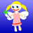 Pixelated angel figure with blonde pigtails, blue eyes, red lips, white wings, pink dress with red trim, holding green star against gradient blue background.