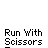 Animated contact sheet of a pixel art stick figure running with scissors across 23 frames, each labeled "Run With Scissors" in white text below the icon.