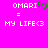 Pixelated text and symbols on a bright pink background with one version featuring a green heart symbol replacing the 'I' in OMARI.