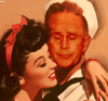 Vintage-style illustration of a sailor and woman embracing, with text reading "HE VOLUNTEERED FOR A BEER RUN..." and "...AND ENDED UP RUNNING THE WORLD!" on separate colored backgrounds