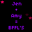 Pixelated text displays 'Jen + Amy = BFFL'S' repeated in purple with pink stars on a black background, showing animation changes across observations.