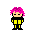 Pixel art character with pink spiky hair and yellow-black outfit in multiple poses including standing, sleeping, running, and using a blue arrow prop.