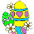Pixelated yellow figure with blue bands, pink heart on chest, green arm, and white flower-like shapes around it.