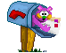 Animated contact sheet showing a blue mailbox with red flag in various states, including one frame featuring a purple cartoon character holding mail.