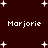 Dark red background with white pixelated stars and four instances of the text 'Marjorie' in a retro font.
