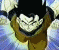 Anime character with black hair and brown jacket grins widely, showing teeth, against a blue and white background with motion blur effects.