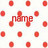 Red musical note icon with 'name' text surrounded by scattered red dots on white background.