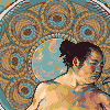 Pixel art of a person with dark hair tied back, wearing a blue garment, positioned against a circular patterned background.