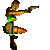Animated contact sheet showing six sequential frames of a pixelated character firing a pistol with green muzzle flash effects across multiple poses.
