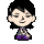 Pixelated character with black hair and purple-accented clothing in four sequential poses showing facial expressions from neutral to smiling, then covering mouth, finally skull face.