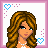 Pixel art character with long wavy brown hair, blue eyes, and a pearl necklace on white background with pink border.